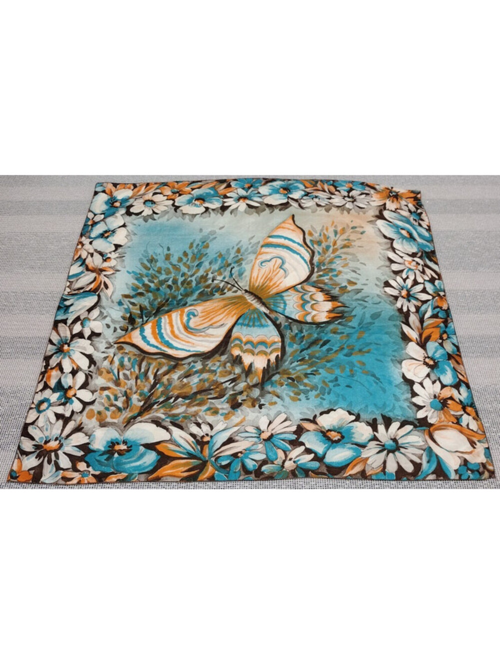 Art Deco 30s Silk Scarf 10 MOMME BRICO Big Butterfly 1940s Blue Turquoise Browns